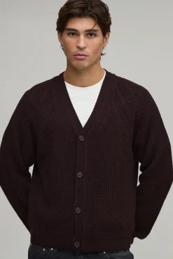 Cardigan Tricoté Raglan À Côtes Coupe Ample Décontractée