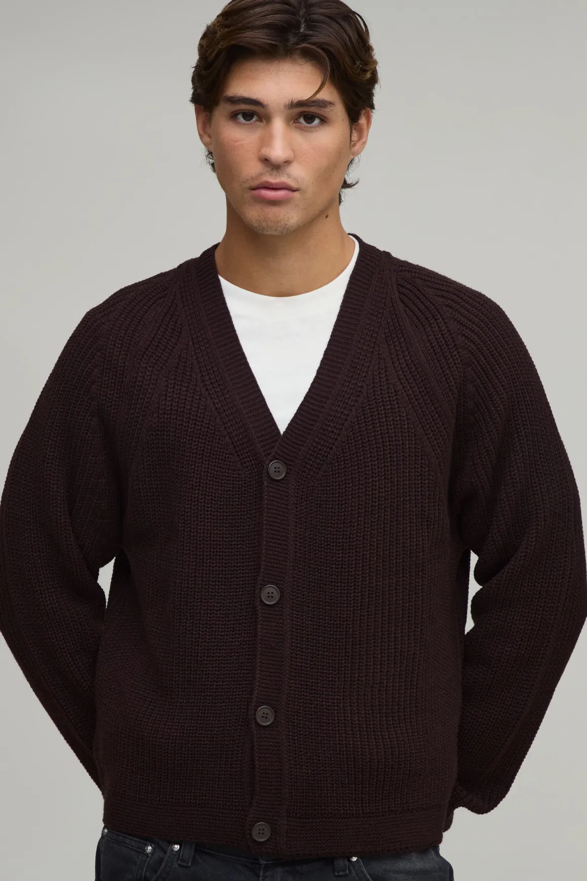 Cardigan Tricoté Raglan À Côtes Coupe Ample Décontractée