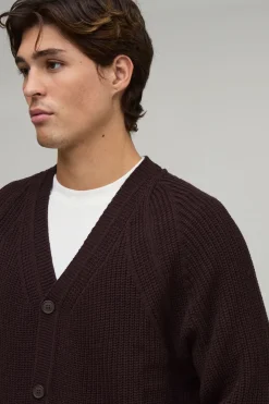 Cardigan Tricoté Raglan À Côtes Coupe Ample Décontractée
