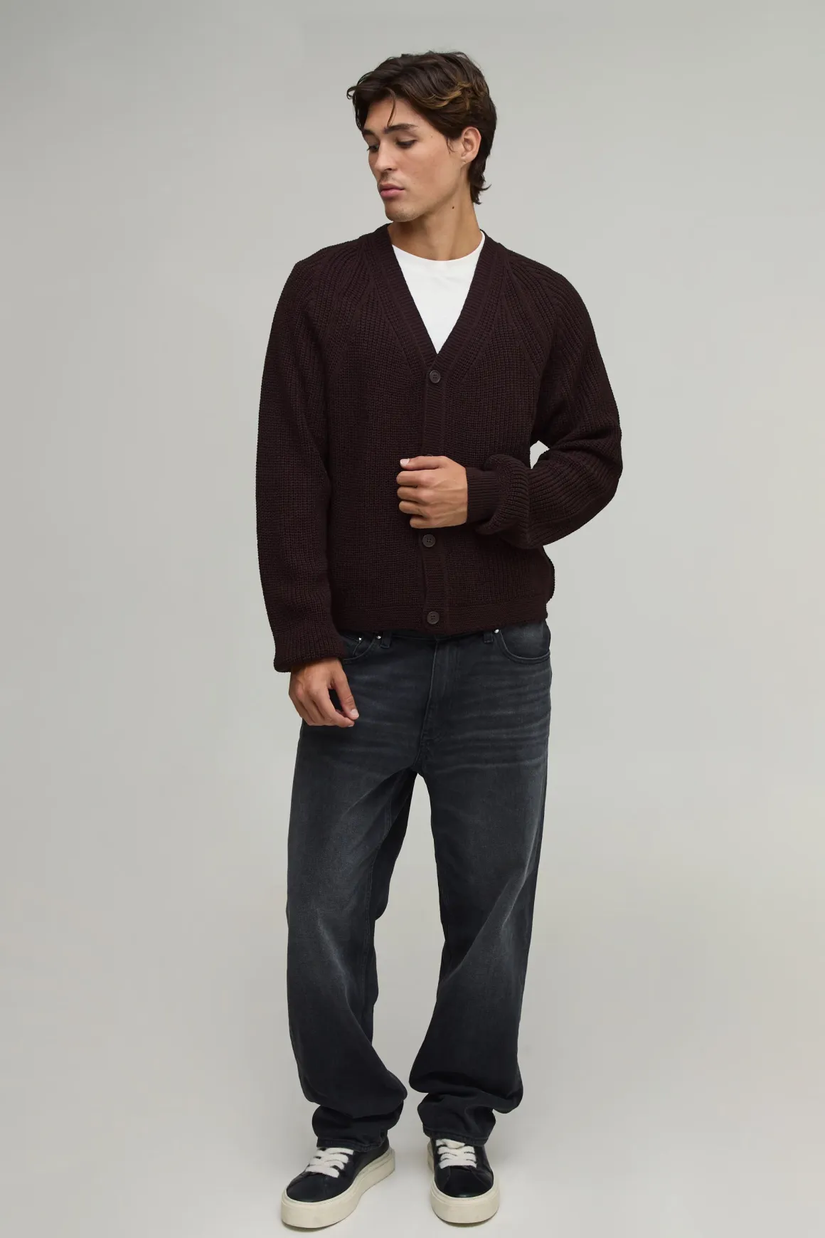 Cardigan Tricoté Raglan À Côtes Coupe Ample Décontractée