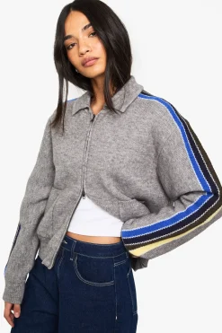 Cardigan tricoté à zip et manches à rayures