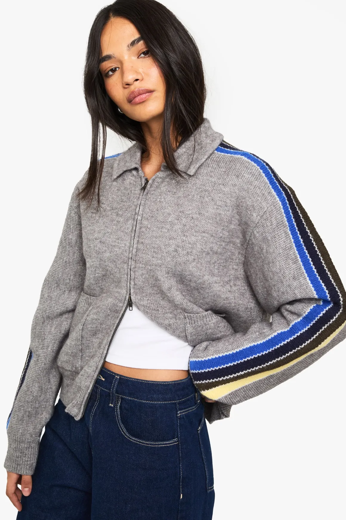 Cardigan tricoté à zip et manches à rayures