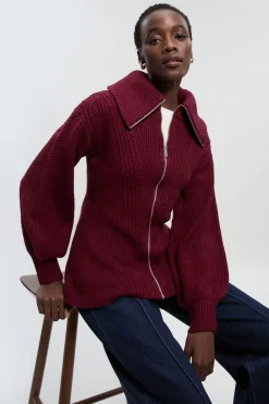 Cardigan Zippé à Torsades avec Manches Bouffantes et Basque