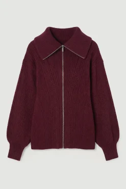 Cardigan Zippé à Torsades avec Manches Bouffantes et Basque