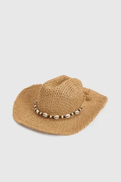 boohoo Chapeau De Cowboy Western En Paille Avec Garniture De Coquillages< Tons Neutres|Chapeaux