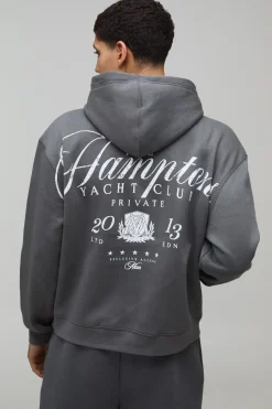boohooMAN Charcoal Oversized Boxy Hamptons Over Seams Printed Hoodie<Homme Sweats À Capuche Et Sweatshirts|Sweats À Capuche Et Sweats