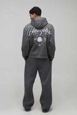 boohooMAN Charcoal Oversized Boxy Hamptons Over Seams Printed Hoodie<Homme Sweats À Capuche Et Sweatshirts|Sweats À Capuche Et Sweats
