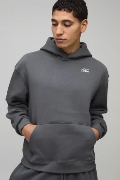 boohooMAN Charcoal Oversized Boxy Hamptons Over Seams Printed Hoodie<Homme Sweats À Capuche Et Sweatshirts|Sweats À Capuche Et Sweats