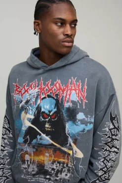 Charcoal Oversized Premium BHM Gothic Acid Wash Imprimé Sweat à capuche