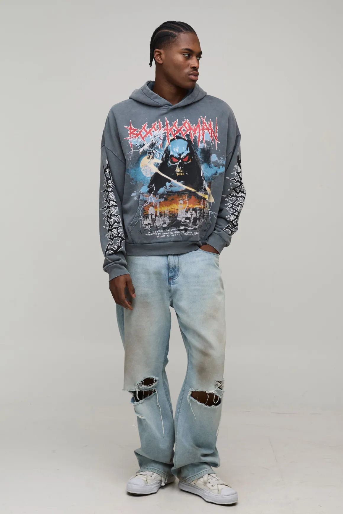Charcoal Oversized Premium BHM Gothic Acid Wash Imprimé Sweat à capuche