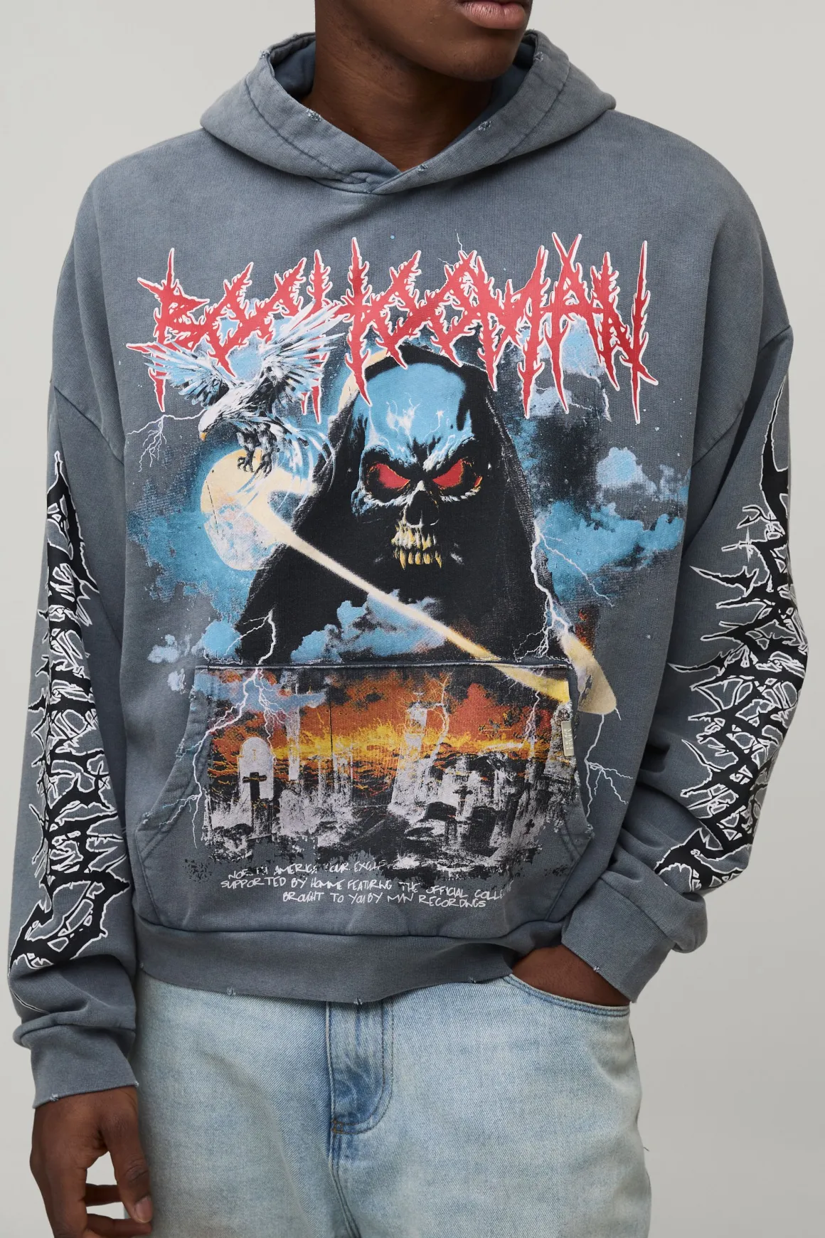 Charcoal Oversized Premium BHM Gothic Acid Wash Imprimé Sweat à capuche