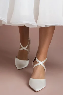 Chaussures de Mariée Escarpins à Bride Croisée en Satin Bout Pointu Talon Bloc Coupe Large