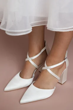 Chaussures de Mariée Escarpins à Bride Croisée en Satin Bout Pointu Talon Bloc Coupe Large