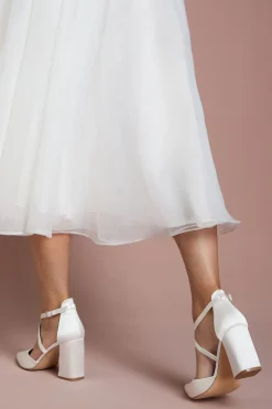 Chaussures de Mariée Escarpins à Bride Croisée en Satin Bout Pointu Talon Bloc Coupe Large