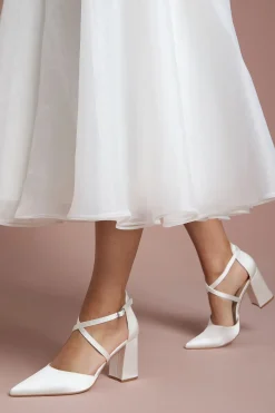 Chaussures de Mariée Escarpins à Bride Croisée en Satin Bout Pointu Talon Bloc Coupe Large