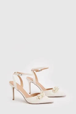 Chaussures De Mariée Hollie À Talon Aiguille Haut En Satin Avec Détail De Perles Et Bride Arrière Avec Semelle Confort