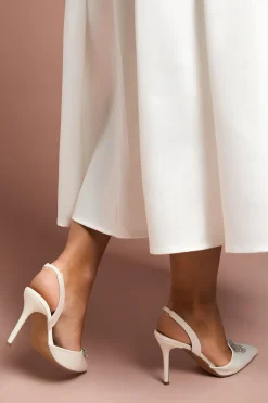 Chaussures de Mariée Scarlett à Talon Aiguille Haut avec Bride Arrière en Satin, Broche Nœud Diamanté et Coupe Large
