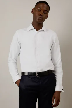 Chemise Ajustée Blanche Texturée à Double Manchettes