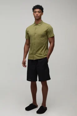 Chemise Ajustée En Jersey À Manches Courtes Col Cubain