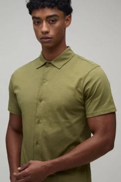 Chemise Ajustée En Jersey À Manches Courtes Col Cubain