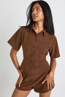 Chemise Ajustée En Velours Côtelé À Manches Courtes
