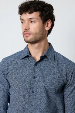 Chemise Ajustée Élégante À Manches Longues Bleu Marine Imprimée