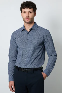 Chemise Ajustée Élégante À Manches Longues Bleu Marine Imprimée