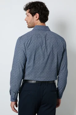 Chemise Ajustée Élégante À Manches Longues Bleu Marine Imprimée