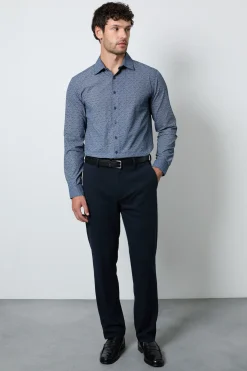 Chemise Ajustée Élégante À Manches Longues Bleu Marine Imprimée