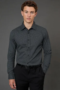 Chemise Ajustée à Manches Longues Imprimé Géométrique Marine
