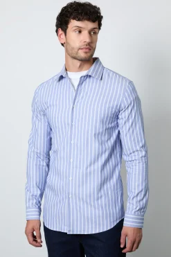 Chemise Ajustée À Manches Longues À Rayures Bancaires Bleues