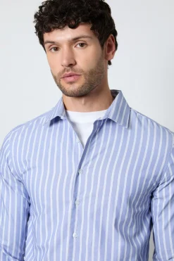 Chemise Ajustée À Manches Longues À Rayures Bancaires Bleues