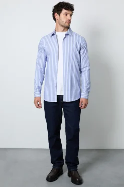 Chemise Ajustée À Manches Longues À Rayures Bancaires Bleues