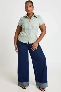 Chemise Ajustée À Rayures Grande Taille Avec Manches Courtes