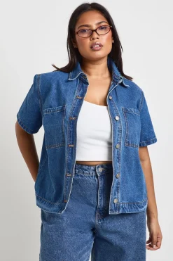 Chemise Ample En Denim Avec Poches Grande Taille