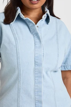Chemise Ample En Denim À Manches Courtes Grande Taille