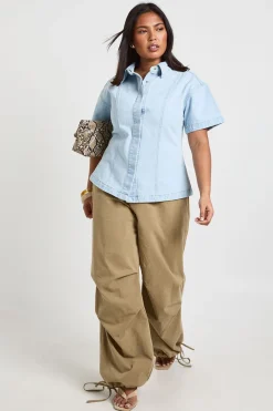 Chemise Ample En Denim À Manches Courtes Grande Taille