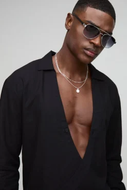 Chemise ample à enroulement à l'avant, manches longues, en mélange de lin