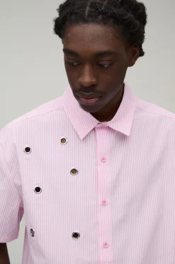 Chemise Ample Oversize À Rayures Et Détails Œillets Manches Courtes