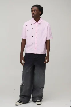 Chemise Ample Oversize À Rayures Et Détails Œillets Manches Courtes