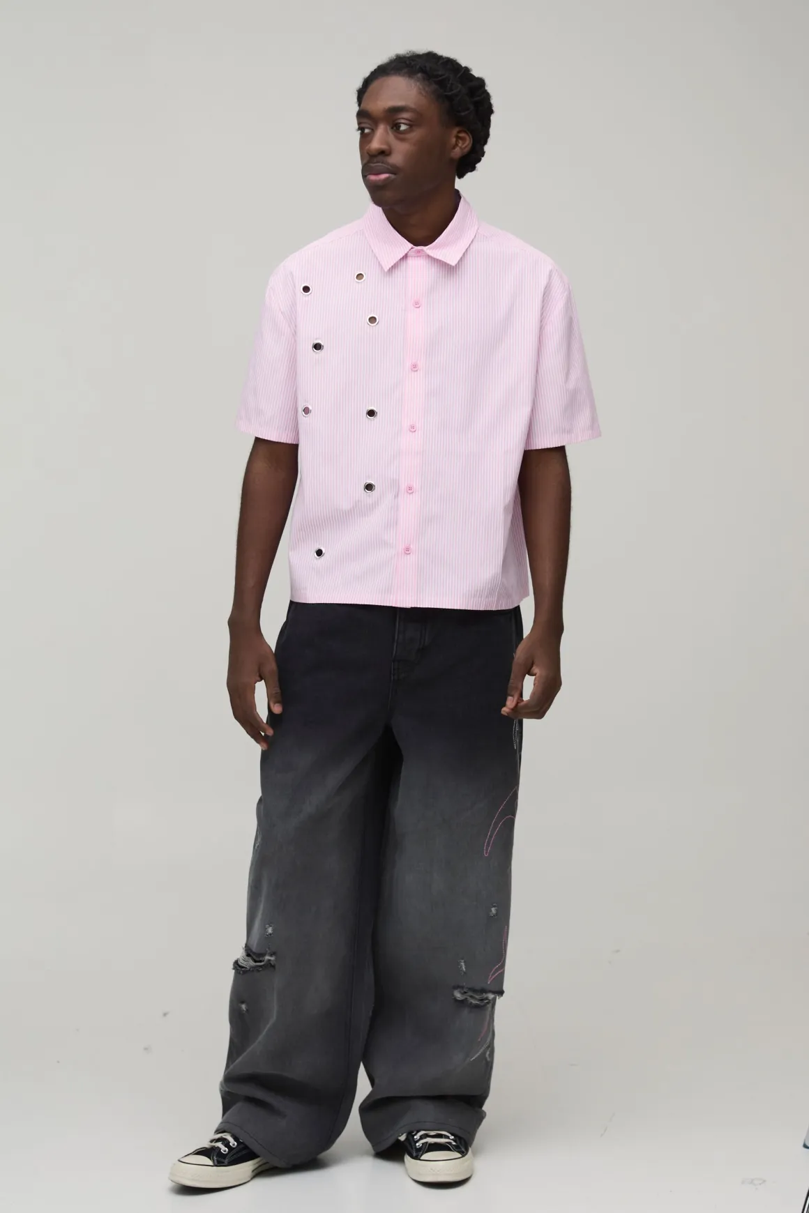 Chemise Ample Oversize À Rayures Et Détails Œillets Manches Courtes