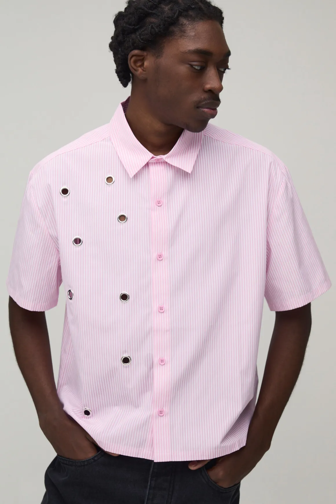 Chemise Ample Oversize À Rayures Et Détails Œillets Manches Courtes