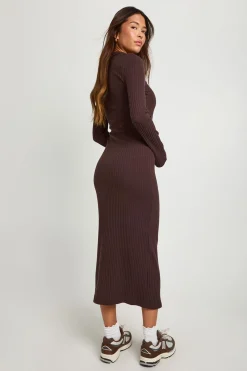 boohoo Chemise boutonnée à col côtelé Robe midaxi<Femme Looks Chocolat|Robes Moulantes