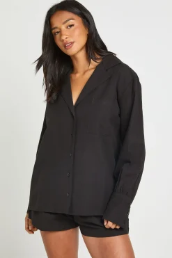 boohoo Chemise Boyfriend Et Short Coupe Décontractée Aspect Lin Petite<Femme Ensembles