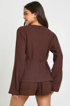 Chemise Cache-cœur À Nœud Latéral En Gaze De Coton Ensemble Coordonné