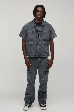 boohooMAN Chemise Cargo En Denim À Chevrons<Homme Ensembles|Denim