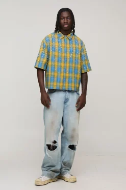 boohooMAN Chemise À Carreaux Manches Mi-longues Coupe Boxy Avec Strass Et Bijoux<Homme Chemises Grande Taille|Chemises