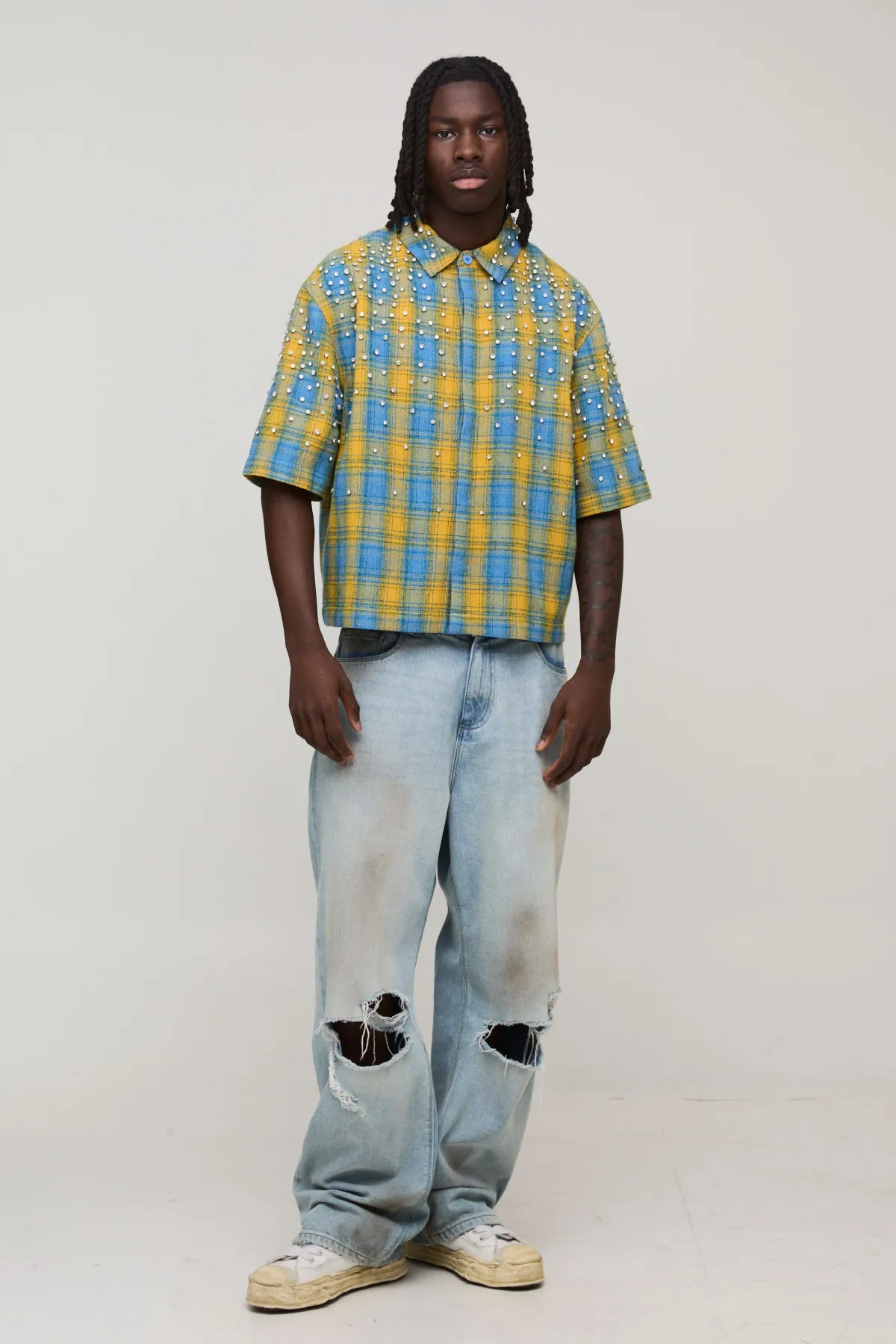 boohooMAN Chemise À Carreaux Manches Mi-longues Coupe Boxy Avec Strass Et Bijoux<Homme Chemises Grande Taille|Chemises