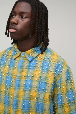 boohooMAN Chemise À Carreaux Manches Mi-longues Coupe Boxy Avec Strass Et Bijoux<Homme Chemises Grande Taille|Chemises