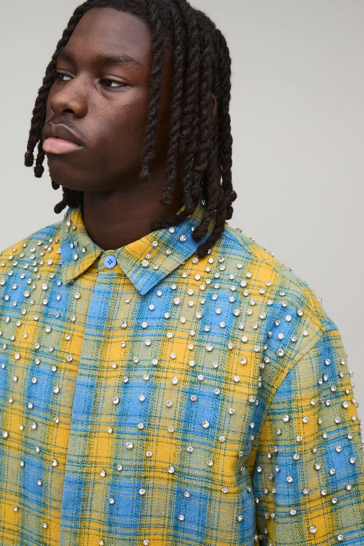 boohooMAN Chemise À Carreaux Manches Mi-longues Coupe Boxy Avec Strass Et Bijoux<Homme Chemises Grande Taille|Chemises